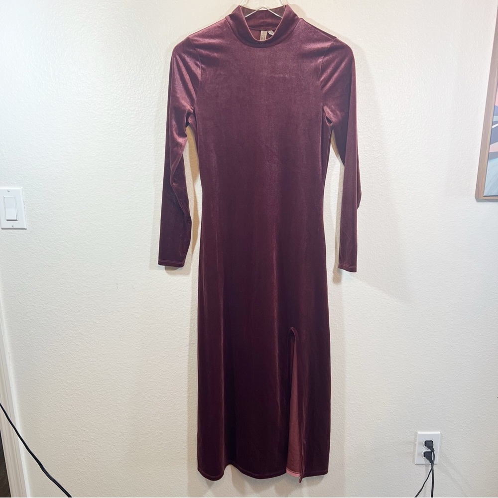 & Other Stories Velvet Turtleneck Midi Dress Burgundy Slit Long Sleeve Women's 4 - Picture 4 of 13